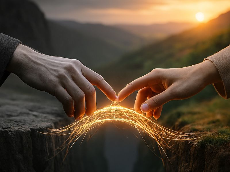 Two hands gently connect through a glowing thread of light, symbolizing human connection and Changing the Narrative on Suicide through empathy.