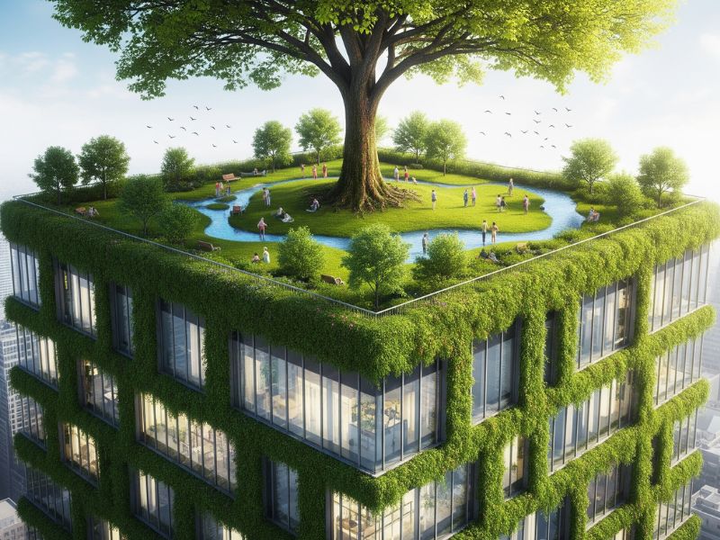 A futuristic building with a rooftop garden, large tree, and flowing water feature, showcasing sustainable architecture in the urban green revolution.
