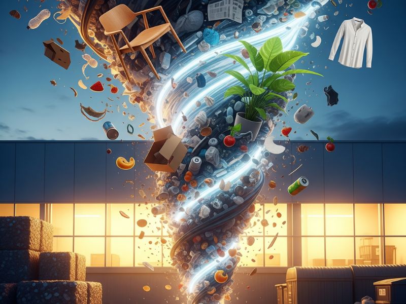 A swirling vortex of debris with a resilient green plant growing at its center, symbolizing regeneration and hope in the urban green revolution.