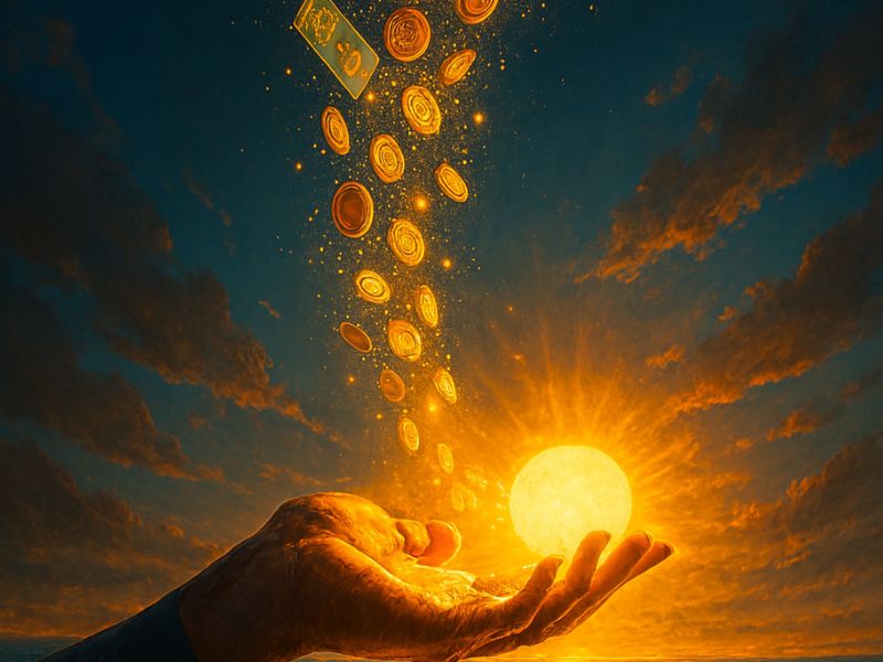 “A radiant hand holding a glowing orb as coins cascade from above—representing strategic money moves that unlock wealth accumulation and financial abundance.”