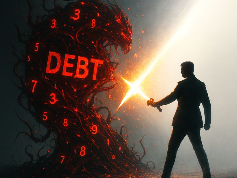 A suited figure wielding a glowing sword confronts a towering red structure labeled ‘DEBT’ with tangled roots—symbolizing bold money moves to overcome financial burdens and reclaim control.”