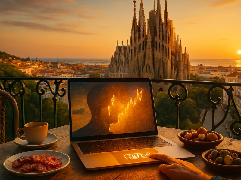 "Laptop in front of a majestic cathedral with glowing mythical visuals on screen, paired with a croissant and coffee—perfect for digital nomad destinations that mix history, culture, and imagination."