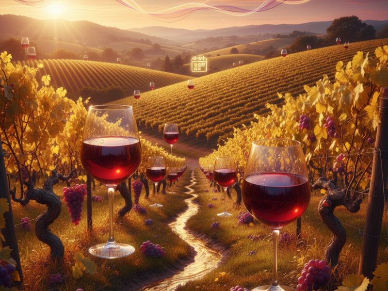 Elegant vineyard landscape with two glasses of red wine in the foreground, evoking relaxation, romance, and upscale countryside escapes