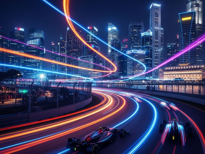 High-speed light trails through a futuristic city skyline, symbolizing innovation and motion, perfect for showcasing luxury travel events September in urban tech hubs