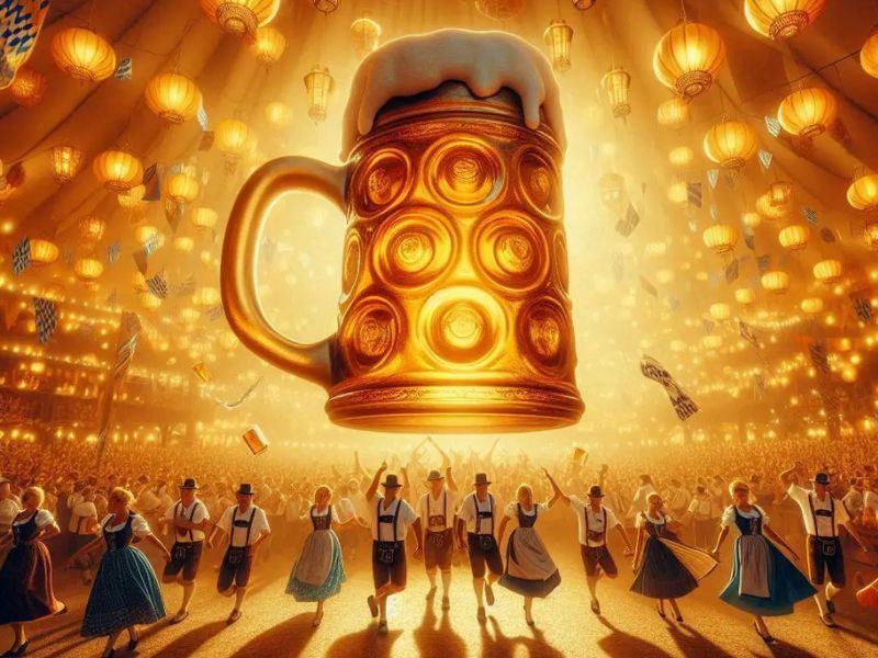 Golden beer stein glowing above a jubilant Bavarian dance scene, capturing the festive spirit of luxury travel events September in Europe’s cultural heartlands."