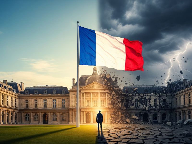 french government collapse will be one of the most shocking news till date. the image represents a french parliament getting crumbled with french flag outside.