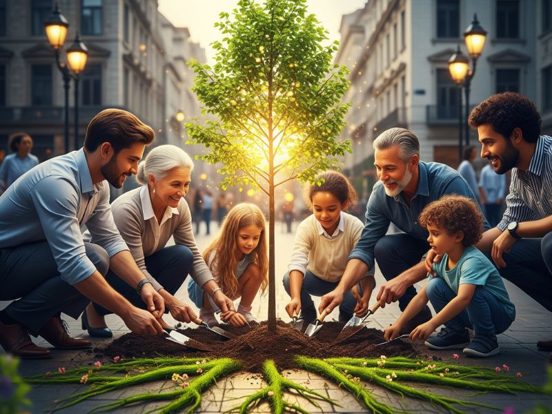 Children and adults planting a tree together in a city setting, representing community-driven efforts in the urban green revolution.