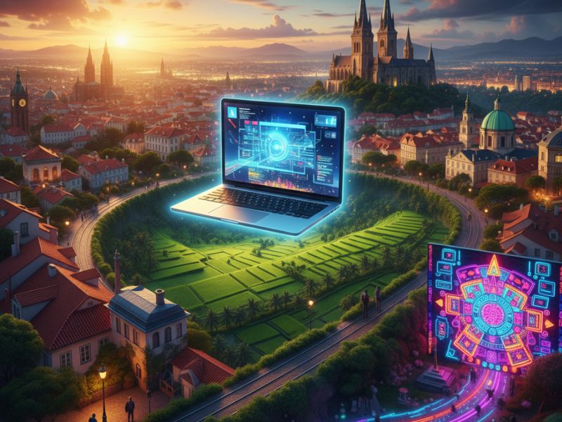 "Laptop on a circular platform surrounded by lush greenery and futuristic architecture, displaying a glowing blue figure—symbolizing visionary digital nomad destinations for tech-savvy creatives."