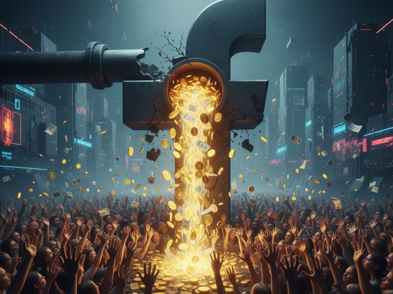 An image of facebook symbol dropping money over people. This is in regards to facebook data breach compensation, where facebook has to pay 725 million.