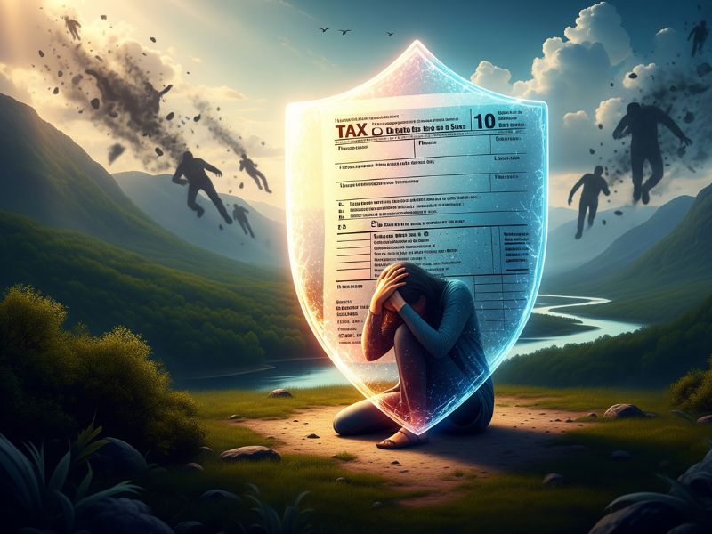 A person sheltered under a glowing shield-shaped document in a mountainous landscape, symbolizing protection from penalty on advance tax through timely filing.