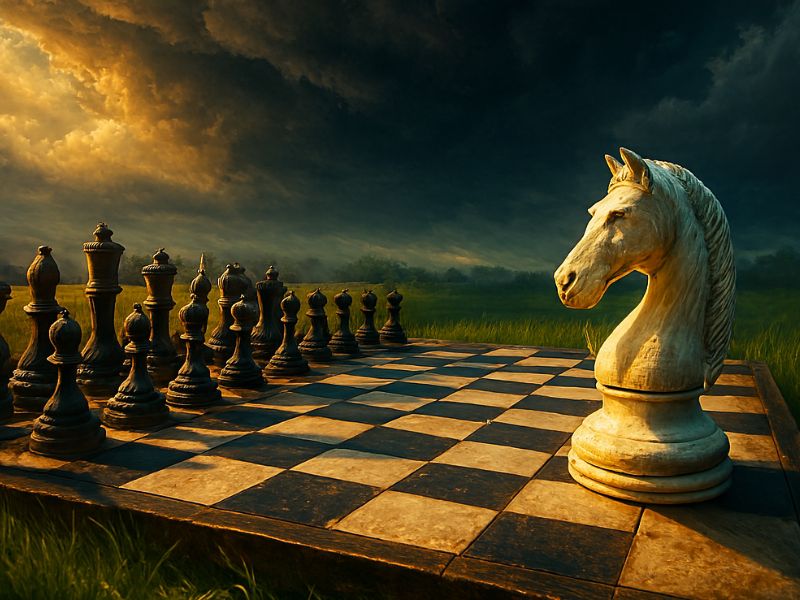 A white knight faces away from aligned chess pieces on a stormy field, symbolizing contrarian strategy — reflecting how Bill Ackman doubled his net worth by defying conventional Wall Street moves.