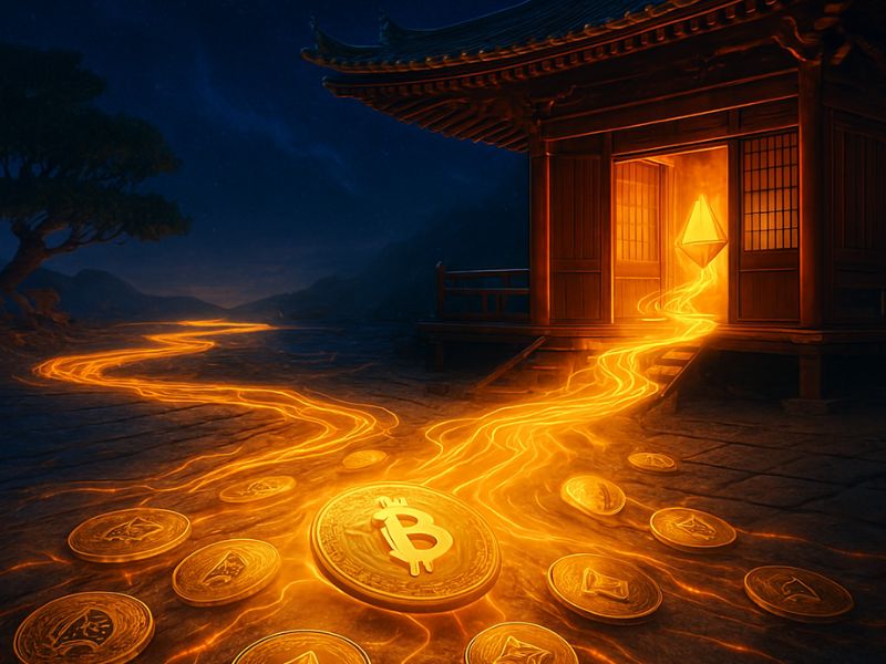 A mystical golden path illuminated by a Bitcoin symbol leads into a temple-like structure, evoking a pilgrimage toward financial enlightenment.