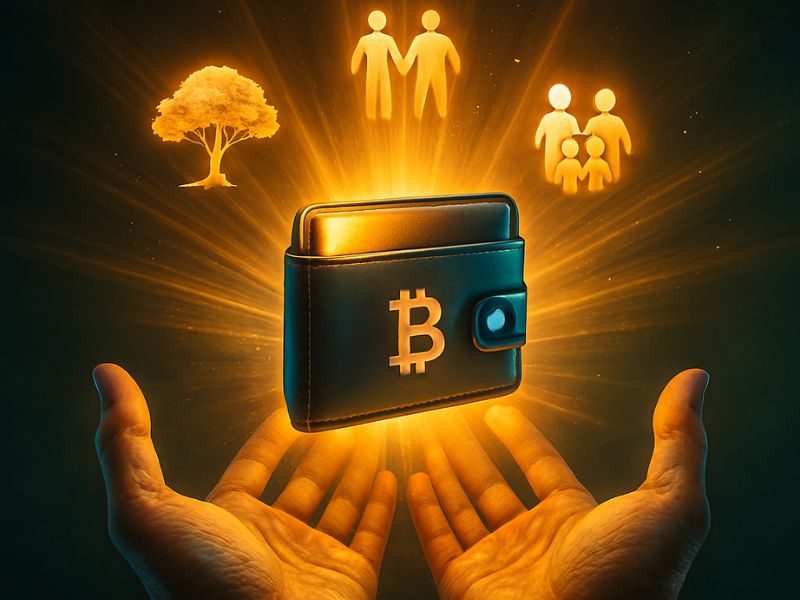 Open hands cradle a glowing Bitcoin wallet radiating icons of family, nature, and community—visualizing wealth with purpose through crypto and karma.