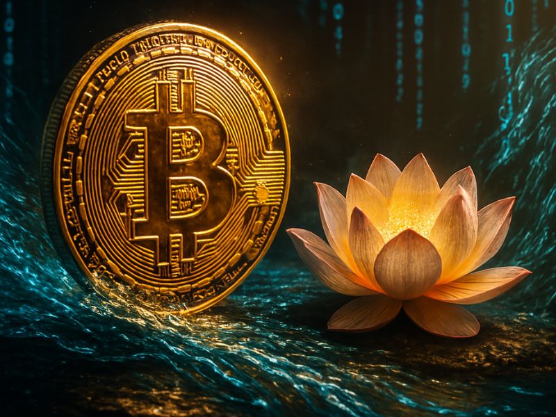 A radiant Bitcoin coin placed atop a blooming lotus flower, representing the harmony of crypto and karma through spiritual symbolism.