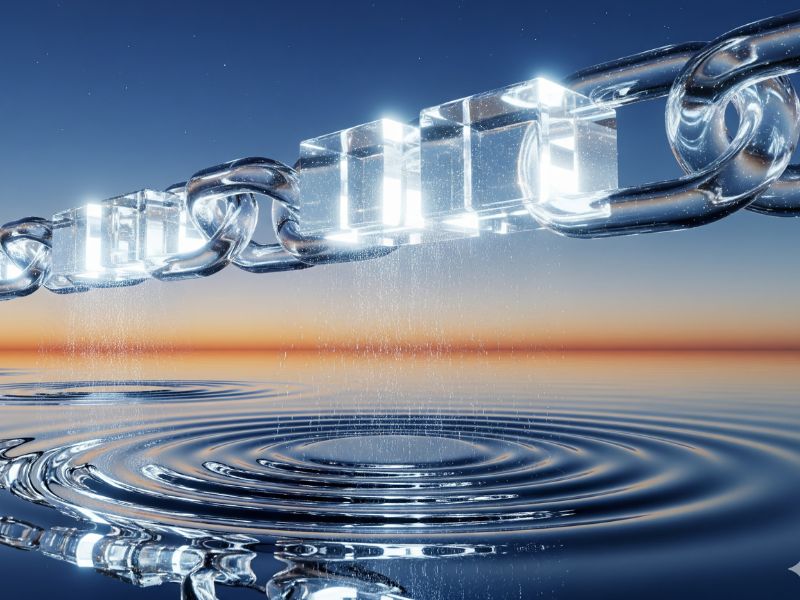 A futuristic robotic hand reaches toward a Bitcoin symbol emerging from rippling water, blending technology with nature in a surreal crypto vision.