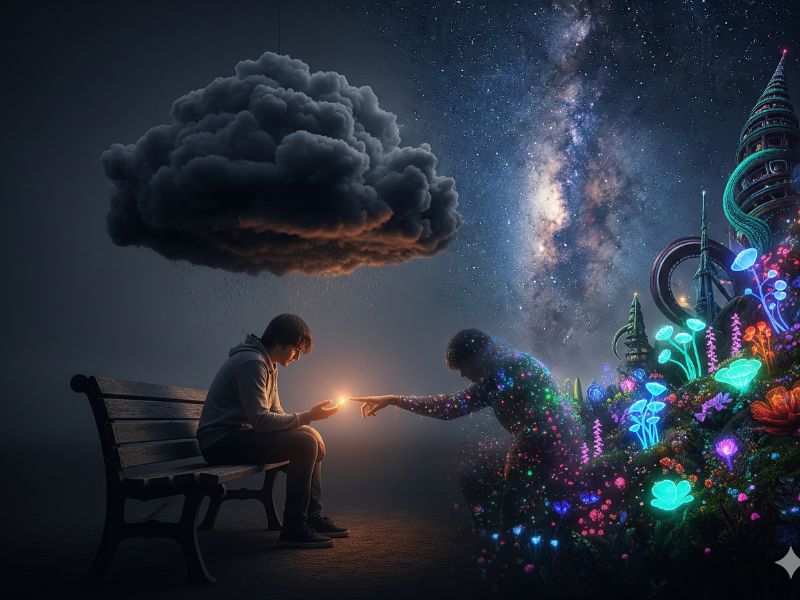 Two figures share a glowing object under a stormy sky, capturing the power of emotional support and Changing the Narrative on Suicide.