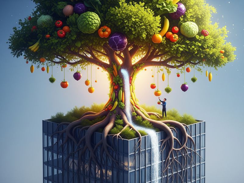 A large fruit-bearing tree growing atop a skyscraper, blending nature and infrastructure in the urban green revolution through vertical agriculture.