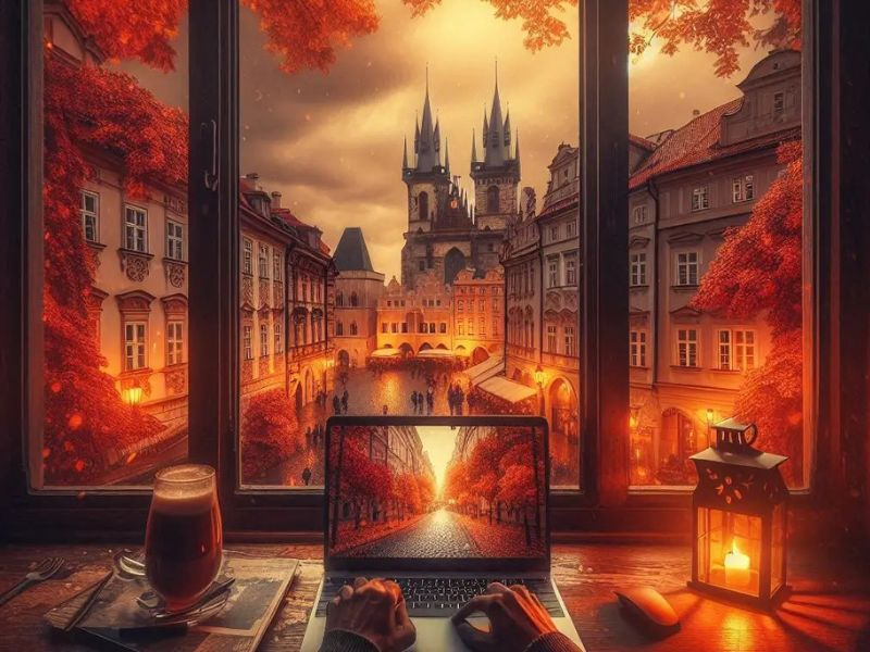 Laptop in a warmly lit gothic city with autumn hues and portal imagery on screen—evoking magical digital nomad destinations for storytellers and dreamers.