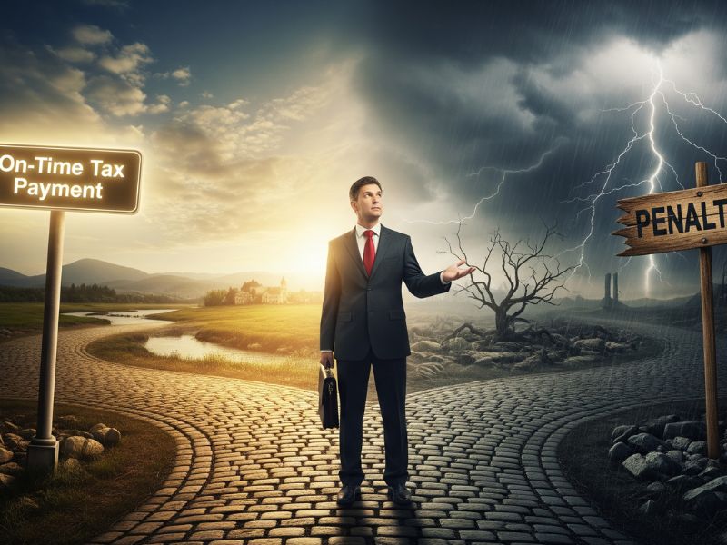 A lone figure with umbrella and briefcase walking a stormy path under a digital “24/7” sign, representing resilience and constant pressure to avoid penalty on advance tax.