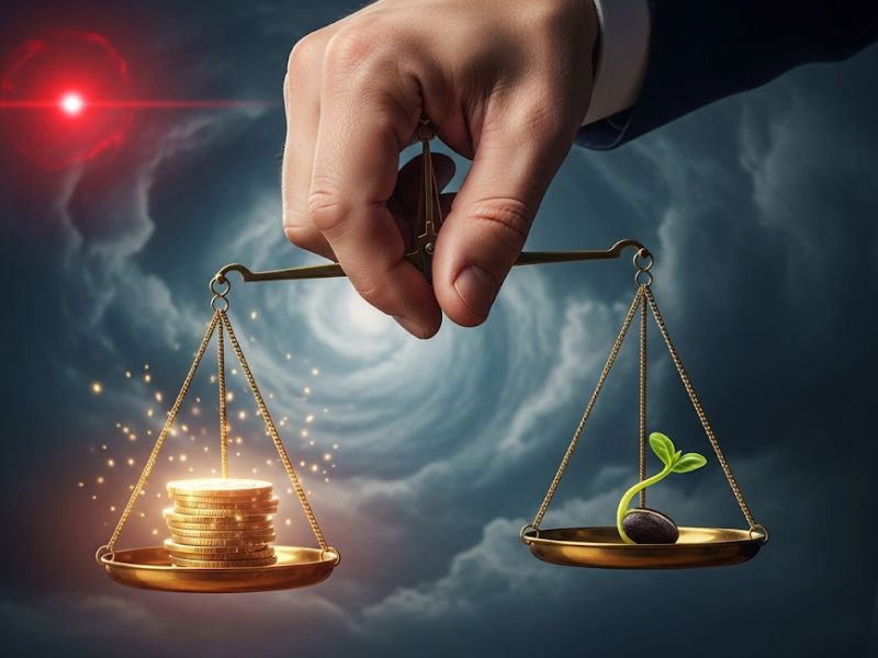 A powerful hand balances a glowing orb and a sprouting plant on a scale, under a cosmic vortex — illustrating the delicate balance of value and growth in how Bill Ackman doubled his net worth.
