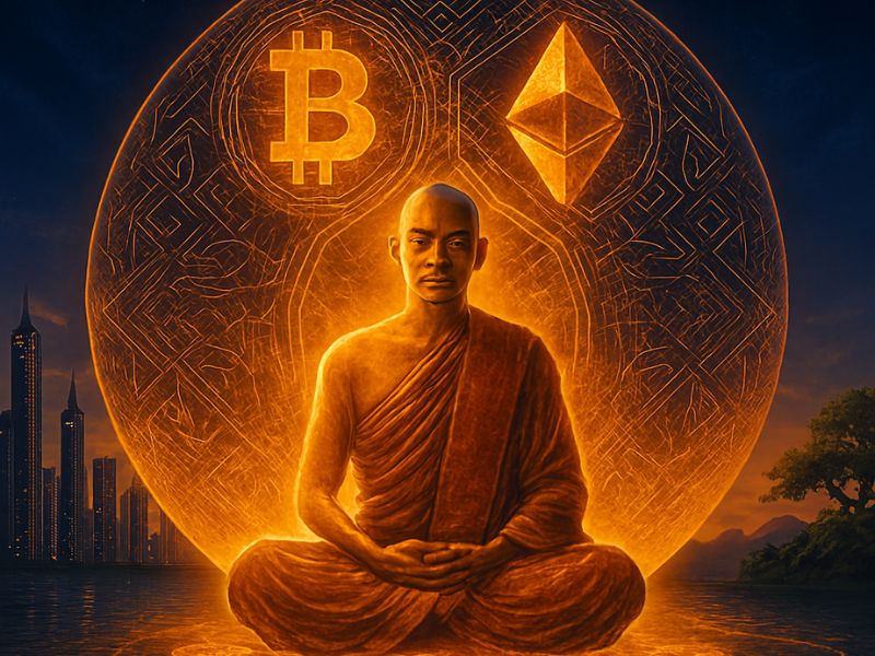A serene figure in meditation surrounded by glowing Bitcoin and Ethereum icons, symbolizing the inner balance between crypto and karma.