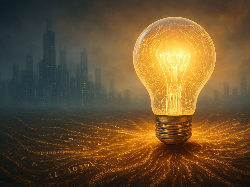 A luminous light bulb radiates warmth and clarity, surrounded by glowing keywords like “innovation” and “vision”—capturing the birth of an idea and its journey toward impact