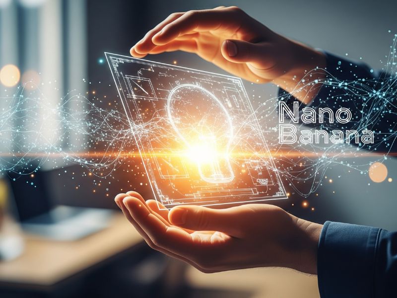 Two hands cradle a translucent tablet with a glowing orb at its center, representing Nano Banana AI’s role in transforming abstract ideas into tangible, futuristic solutions.
