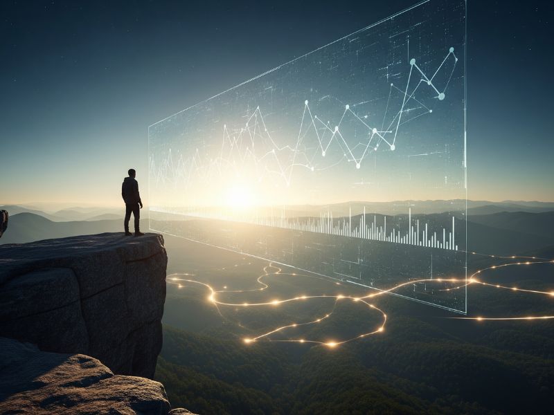 A lone figure stands on a cliff edge, gazing into a vast holographic interface stretching across the sky—symbolizing the pursuit of innovation and the limitless potential of human-tech synergy.