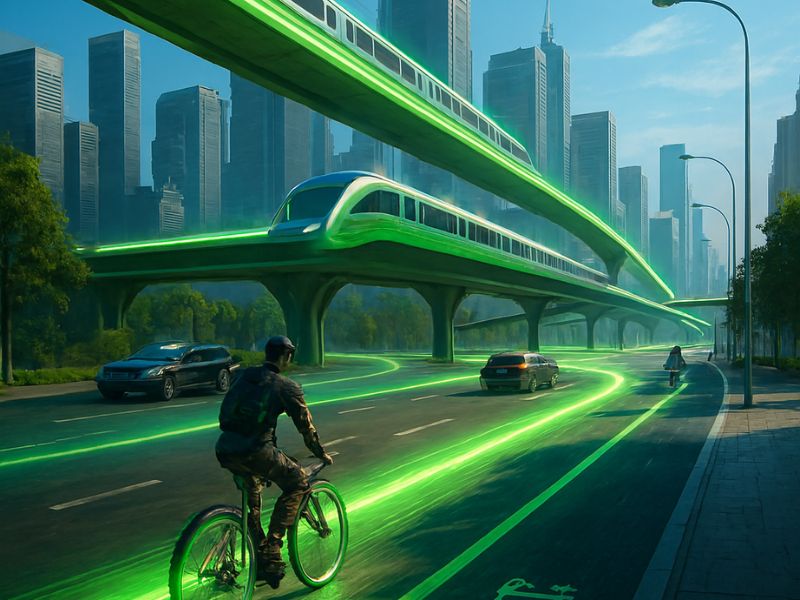 A futuristic city with elevated green highways and a cyclist, promoting eco-friendly transport and infrastructure in the urban green revolution.