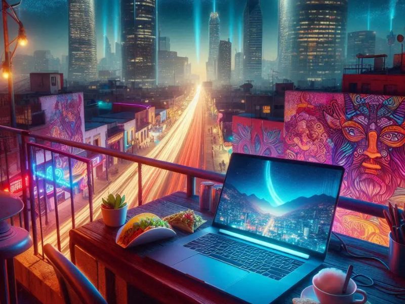 "Laptop on a balcony overlooking a glowing modern skyline at night, with food and drink—an inspiring digital nomad destination for night owls and urban explorers."
