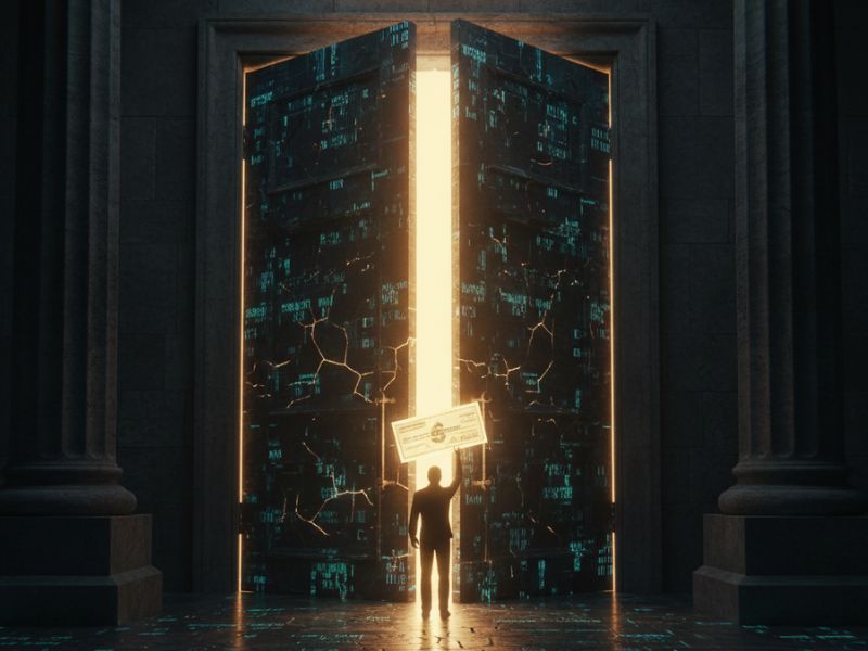 A radiant figure walks through a luminous doorway, evoking personal transformation and digital awakening after the $725M privacy payout, revelaing about facebook data breach compensation. 