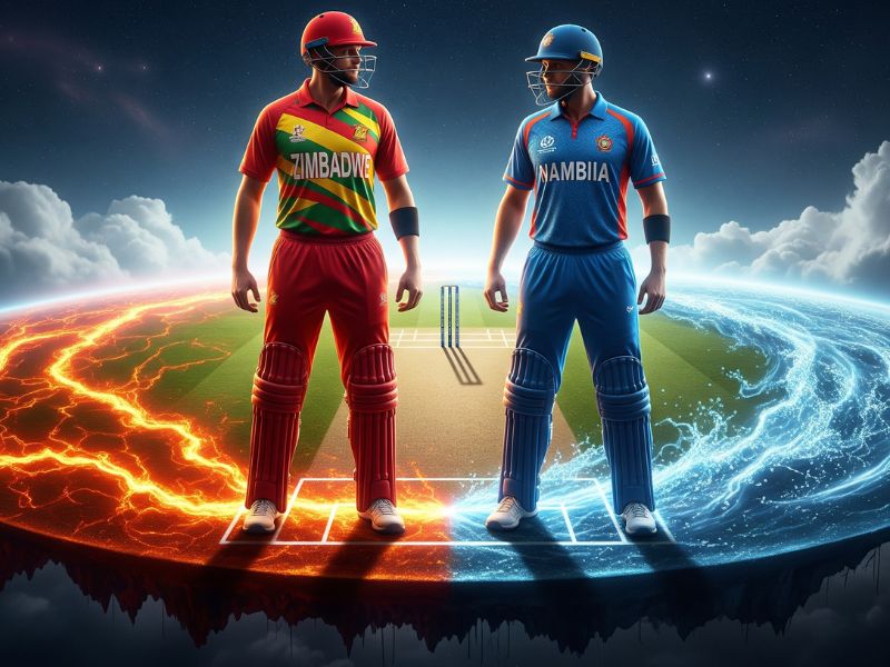 Two cricket players in vibrant uniforms face off on a stylized field under dramatic lighting, symbolizing the competitive spirit of the Zimbabwe Namibia match.