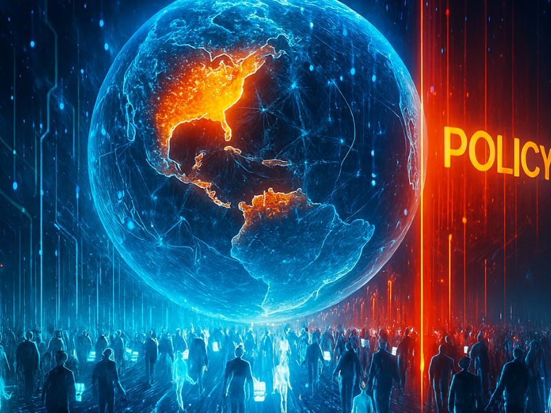 Glowing digital globe highlighting North and South America in red and orange, surrounded by a blue tech interface and overlaid with a checkmark icon—symbolizing H1B visa policy changes in global connectivity and validation.”