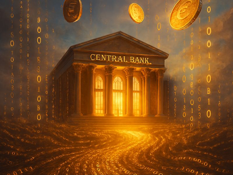 Futuristic central bank building surrounded by floating coins, highlighting institutional control in CBDC news central bank digital currency update.