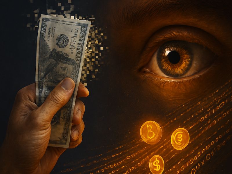 Surreal tension between physical money and digital surveillance in modern financial systems.