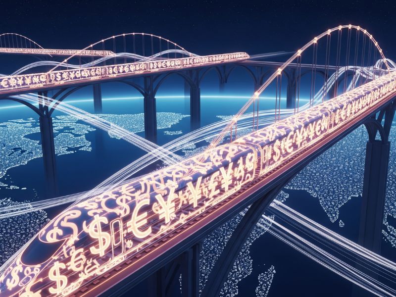 A futuristic bridge carrying glowing data streams, representing digital infrastructure and financial connectivity.