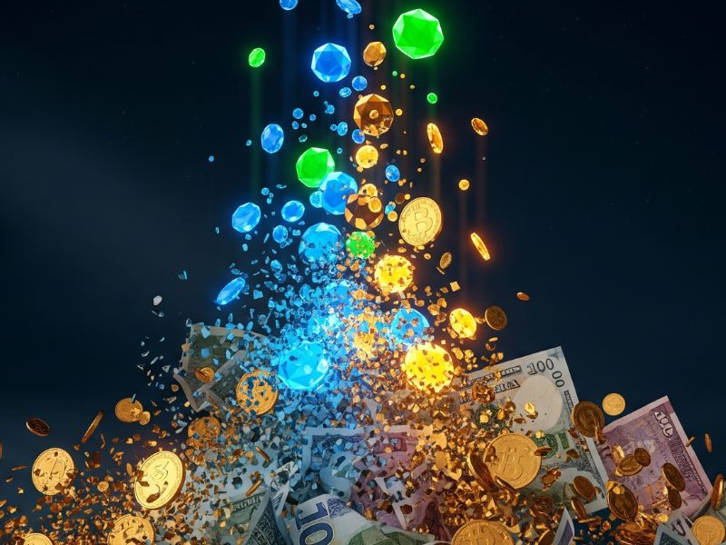 Cascade of coins and digital elements flowing into a pile, visualizing wealth accumulation and high-volume digital transactions.
