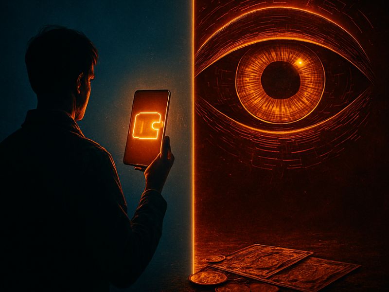 A glowing digital eye watches a person holding a smartphone, symbolizing surveillance in fintech and CBDC news central bank digital currency update.