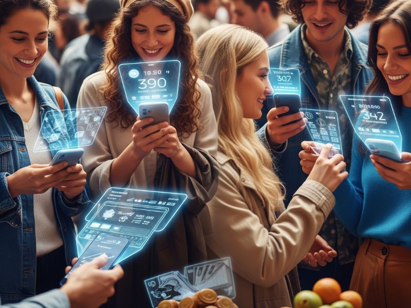 Group of people interacting with transparent digital screens, representing mobile banking and futuristic financial technology.