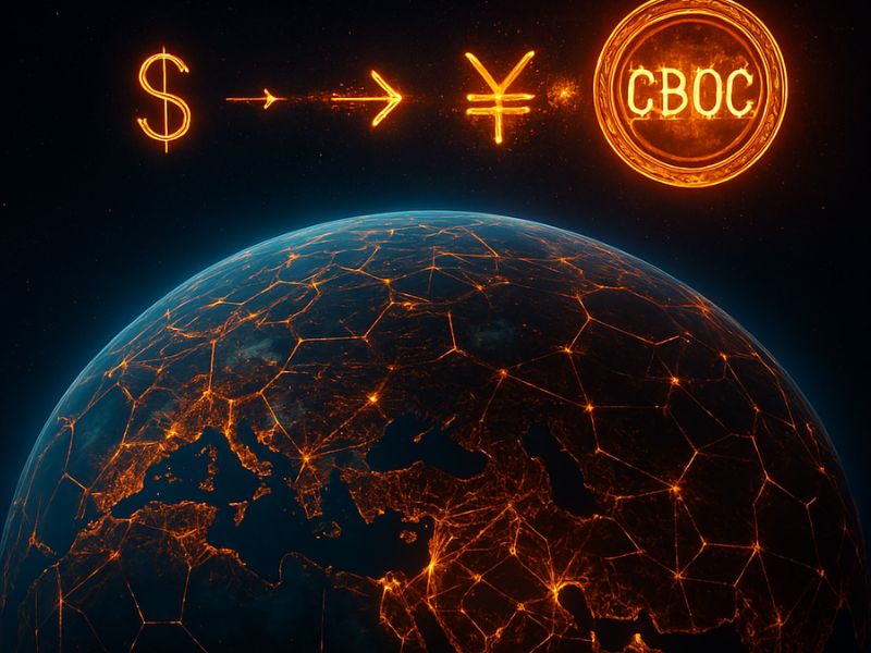 Glowing Earth surrounded by financial symbols and blockchain arrows, illustrating global currency flow and CBDC news central bank digital currency update.