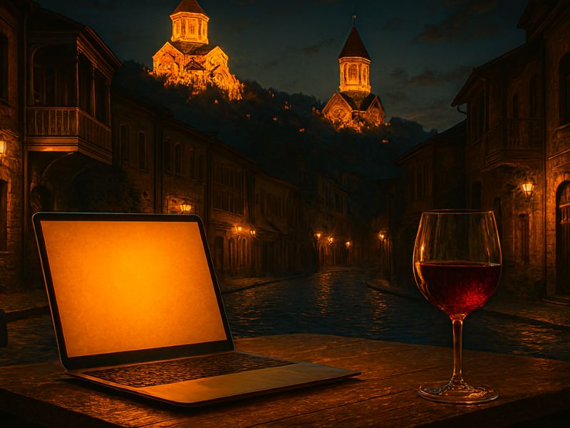 Glowing laptop beside a glass of red wine on a wooden surface, set against illuminated castle towers at night—an enchanting digital nomad destination for creatives seeking cozy, historic ambiance."