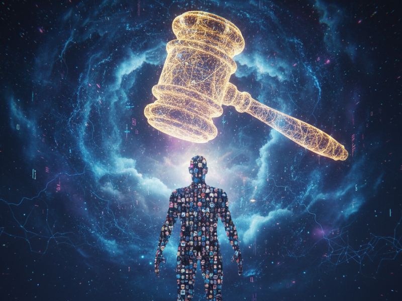 A pixelated figure stands before a cosmic gavel, illustrating the intersection of law, identity, and the $725M privacy payout in the digital age.