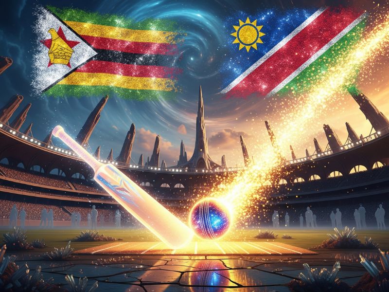 A glowing cricket ball crashes into the ground in a dynamic stadium scene, with flags of Zimbabwe and Namibia flying above — capturing the energy of the Zimbabwe Namibia match.