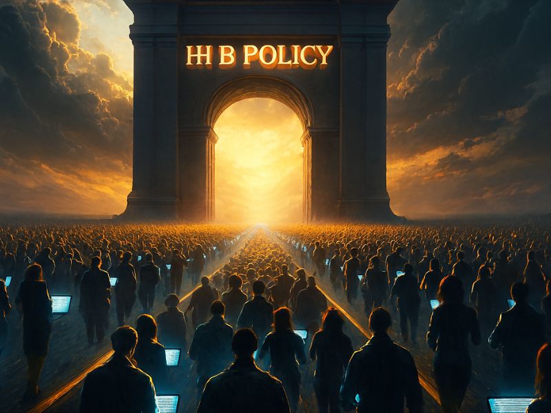 Diverse crowd marching toward a monumental stone arch labeled ‘H1B POLICY’ bathed in golden light—representing the gateway of opportunity and challenges brought by H1B visa policy changes.