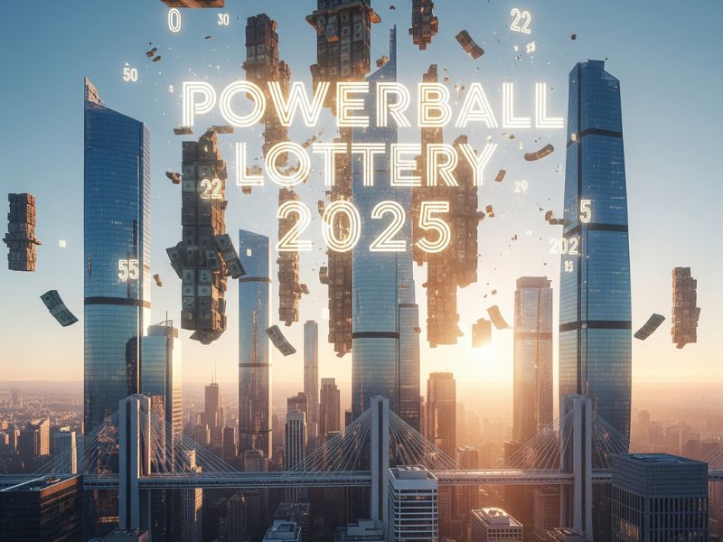 A surreal city skyline illuminated by floating golden balls and glowing text announcing the Powerball Lottery 2025 winner—blending technology, luck, and spectacle.