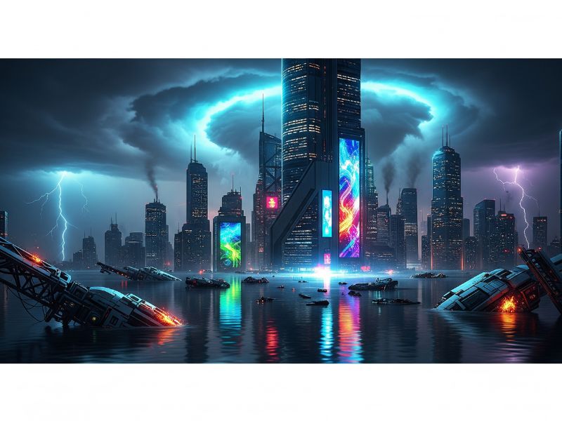 A vibrant futuristic city illuminated by a glowing circular energy field in the sky. The towering central structure and surreal colors suggest advanced technology emerging from a post-disaster world.