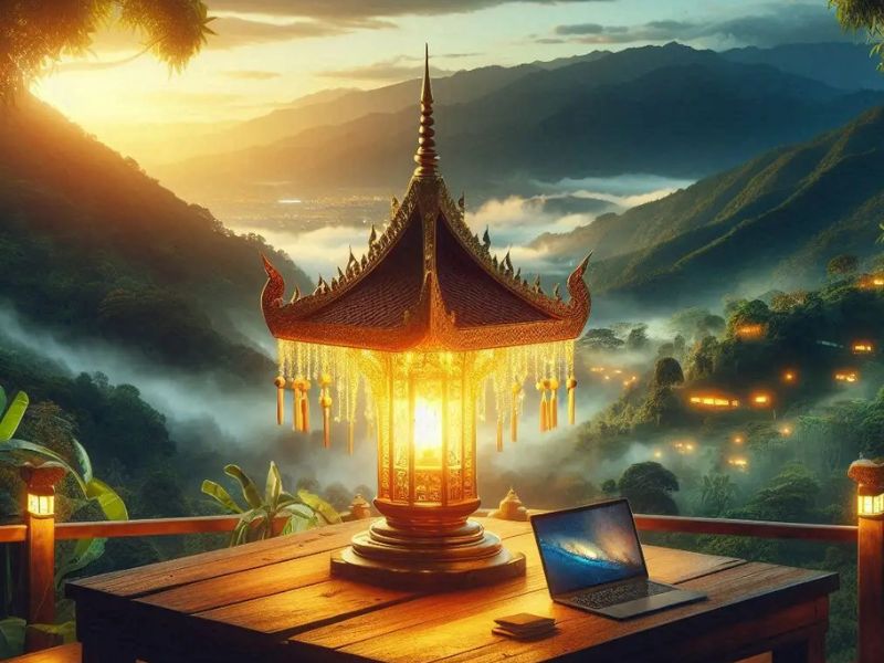 Traditional lantern glowing warmly next to a laptop and smartphone, with misty mountains and sunrise in the background—symbolizing peaceful digital nomad destinations rooted in nature and reflection