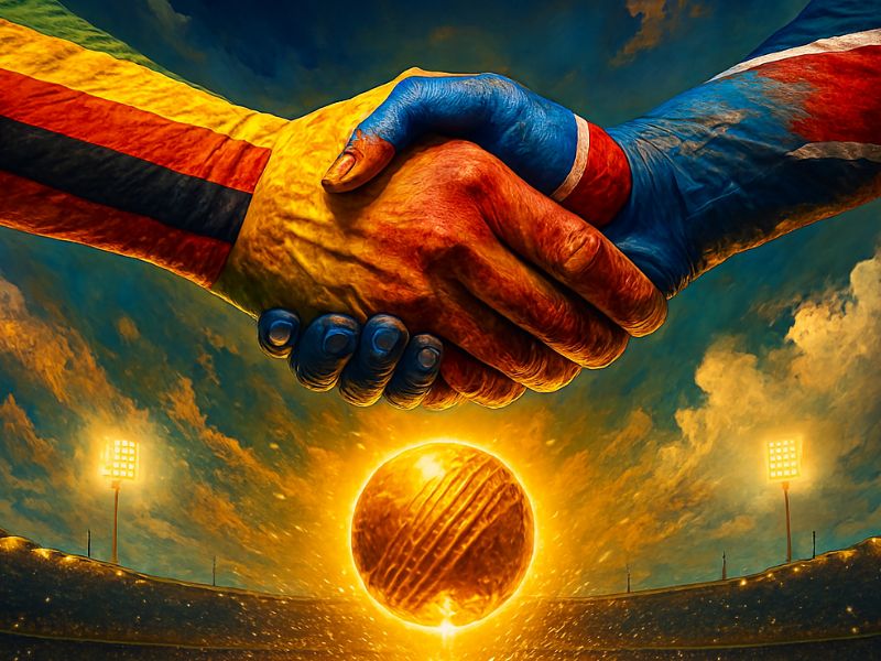 wo hands painted in Zimbabwean and Namibian flag colors clasp above a radiant cricket ball, representing unity and sportsmanship in the Zimbabwe Namibia match.
