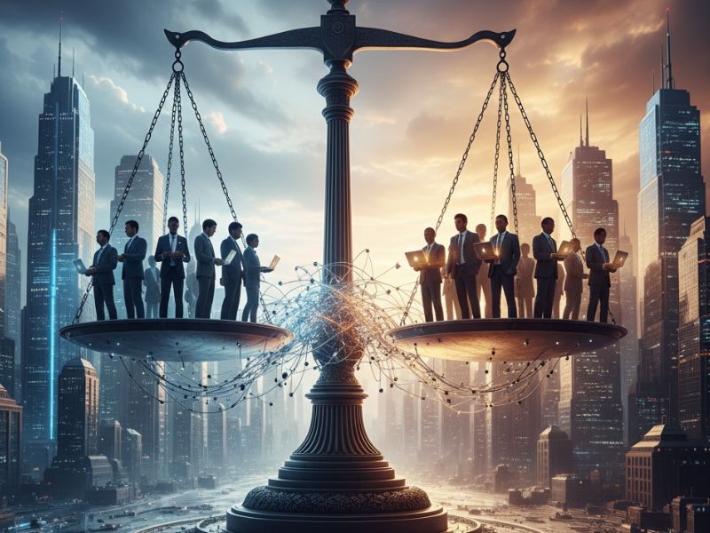Large justice scale evenly balanced with groups of people on each side against a modern skyline—evoking the equitable and workforce impacts of H1B visa policy changes.”