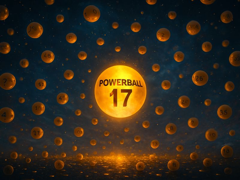 A radiant golden ball marked “POWERBALL 17” floats in a dark cosmic space, representing the winning number in the Powerball Lottery 2025 jackpot.